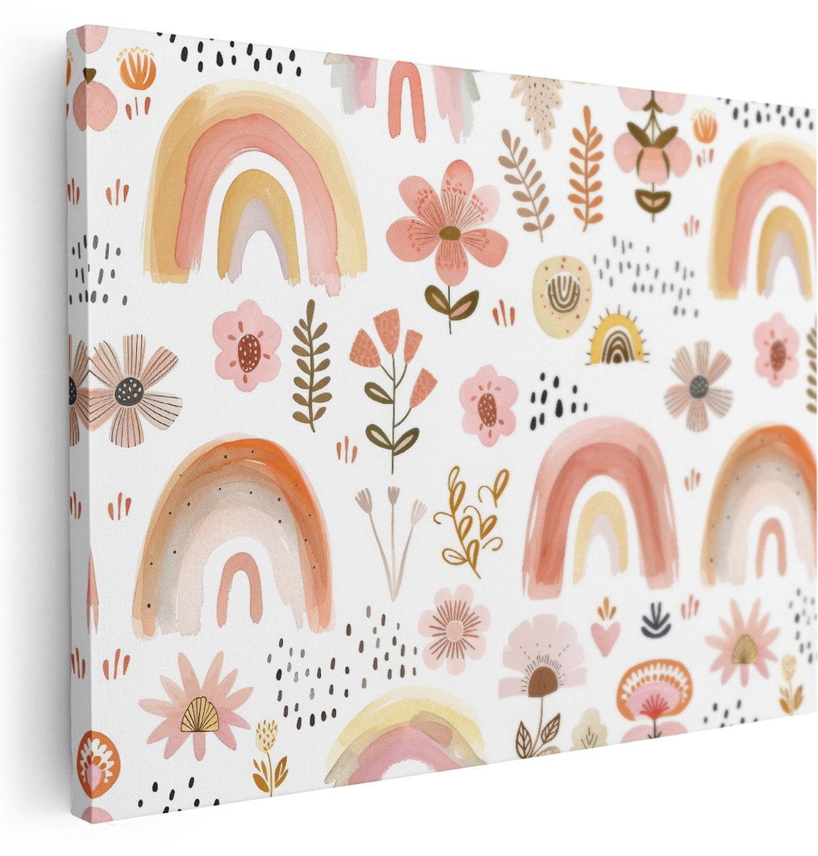 Artaza Canvas Schilderij Boho Bloemen - 160x120 cm - Groot - Wanddecoratie Babykamer - Muurdecoratie Regenboog Patroon - Kamer Accessoires - Pastel