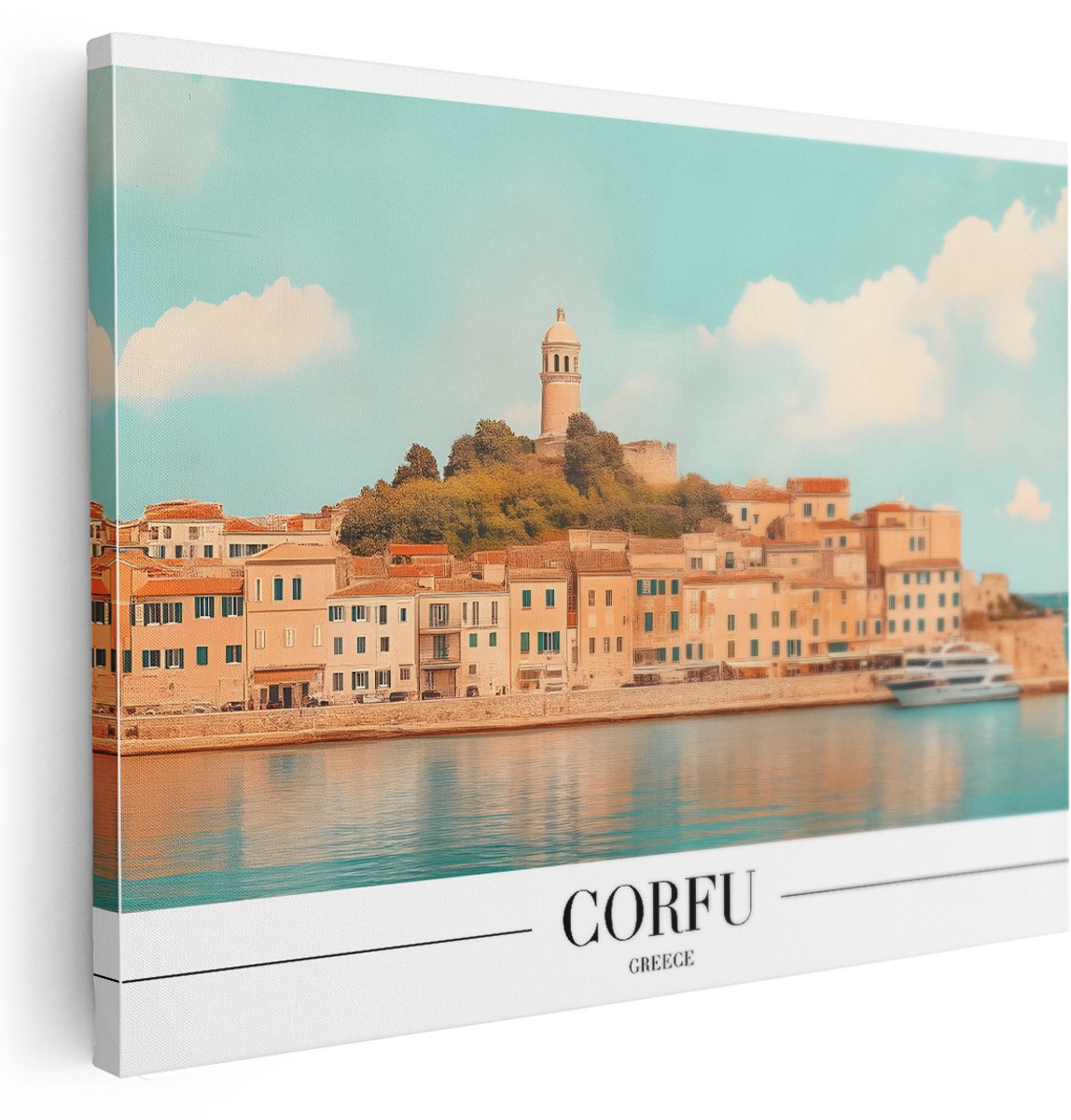 Artaza Canvas Schilderij Griekenland - 160x120 cm - Groot - Wanddecoratie Corfu Haven - Muurdecoratie Vintage Stad - Schilderijen Op Canvas