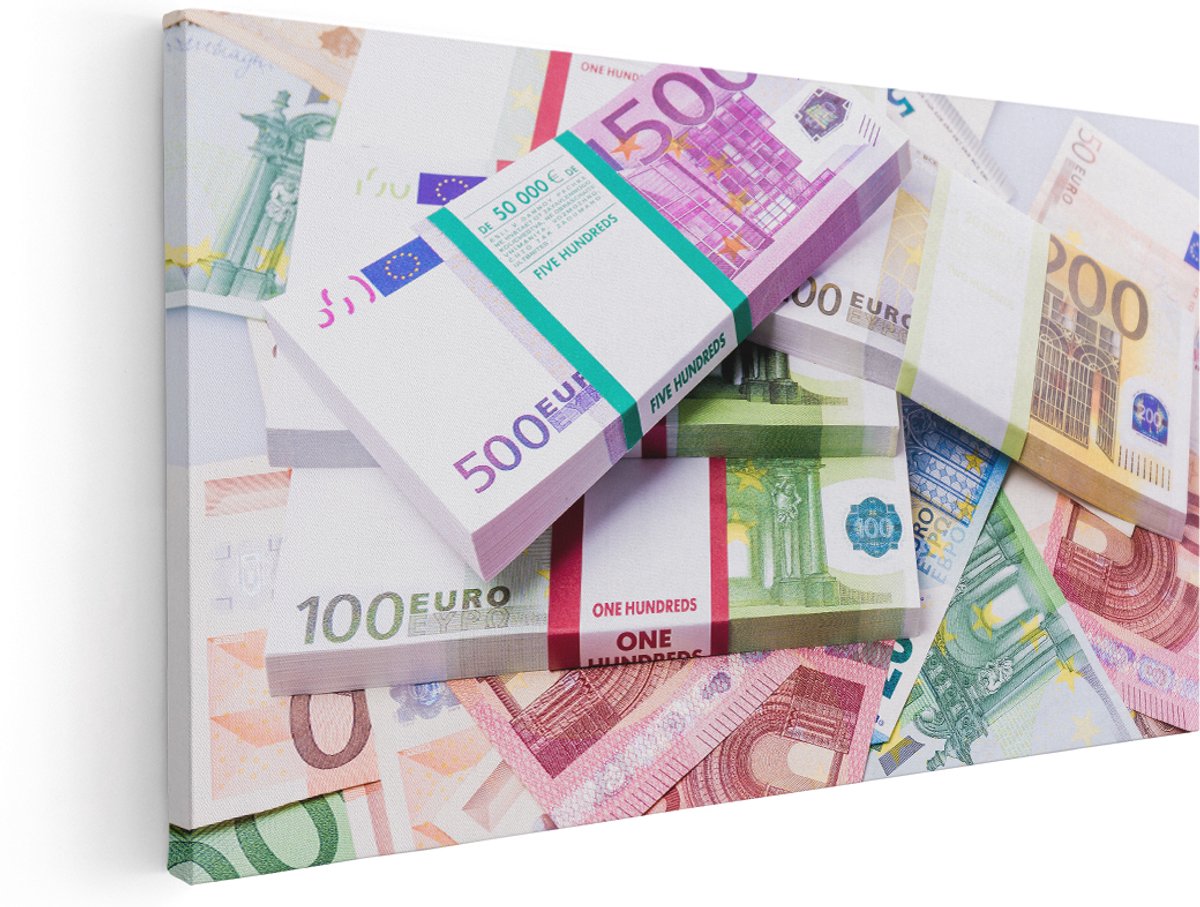 Artaza Canvas Schilderij Euro Geld Briefjes - Stapels - 180x90 cm - Groot - Wanddecoratie Woonkamer - Schilderijen - Muurdecoratie