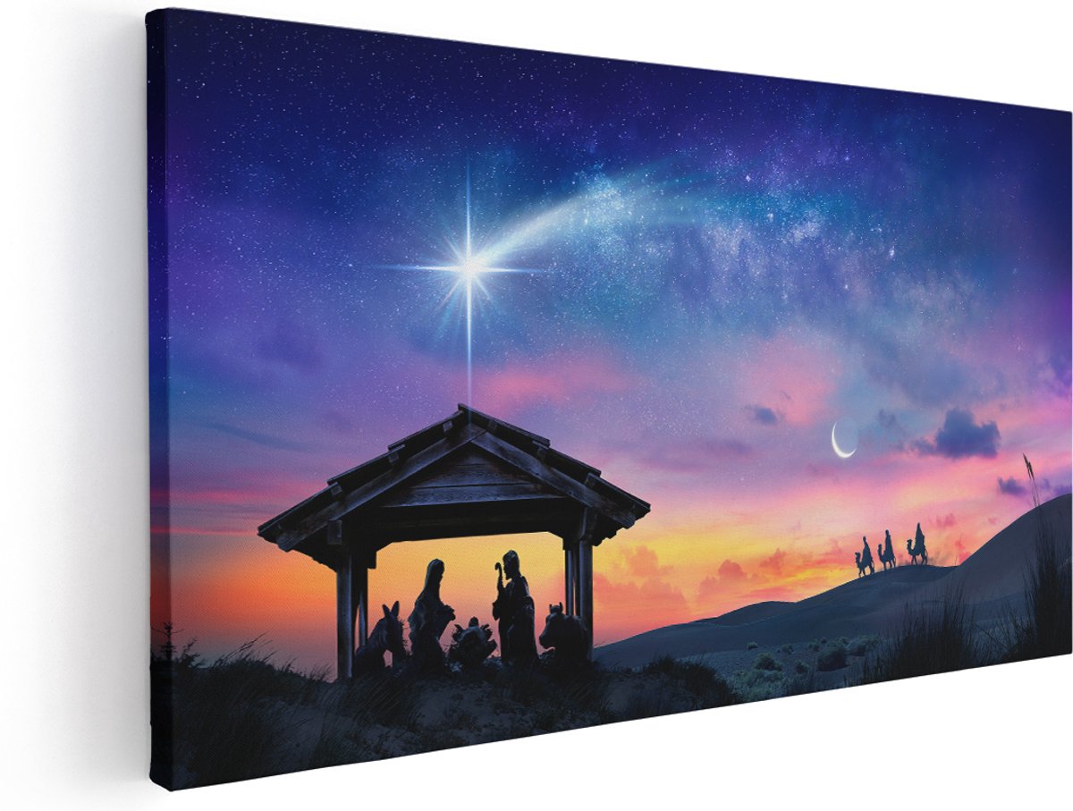 Artaza Canvas Schilderij Heilige Familie van Jezus met de Ster van Bethlehem - 180x90 cm - Groot - Wanddecoratie Woonkamer - Schilderijen - Muurdecoratie