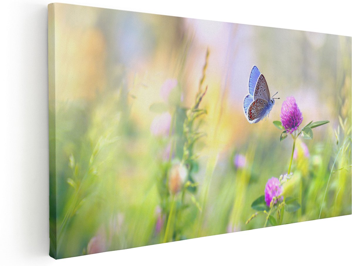 Artaza Canvas Schilderij Blauwe Vlinder Bij Een Paarse Bloem - 180x90 cm - Groot - Wanddecoratie Woonkamer - Schilderijen - Muurdecoratie