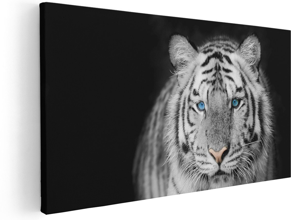 Artaza Canvas Schilderij Tijger Met Blauwe Ogen - Zwart Wit - 180x90 cm - Groot - Wanddecoratie Woonkamer - Schilderijen - Muurdecoratie