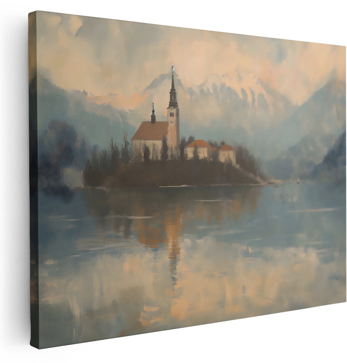 Artaza Canvas Schilderij Landschap Bergen - 160x120 cm - Groot - Wanddecoratie Meer Bled - Muurdecoratie Oude Meesters - Decoratie Natuur - Kamer Accessoires