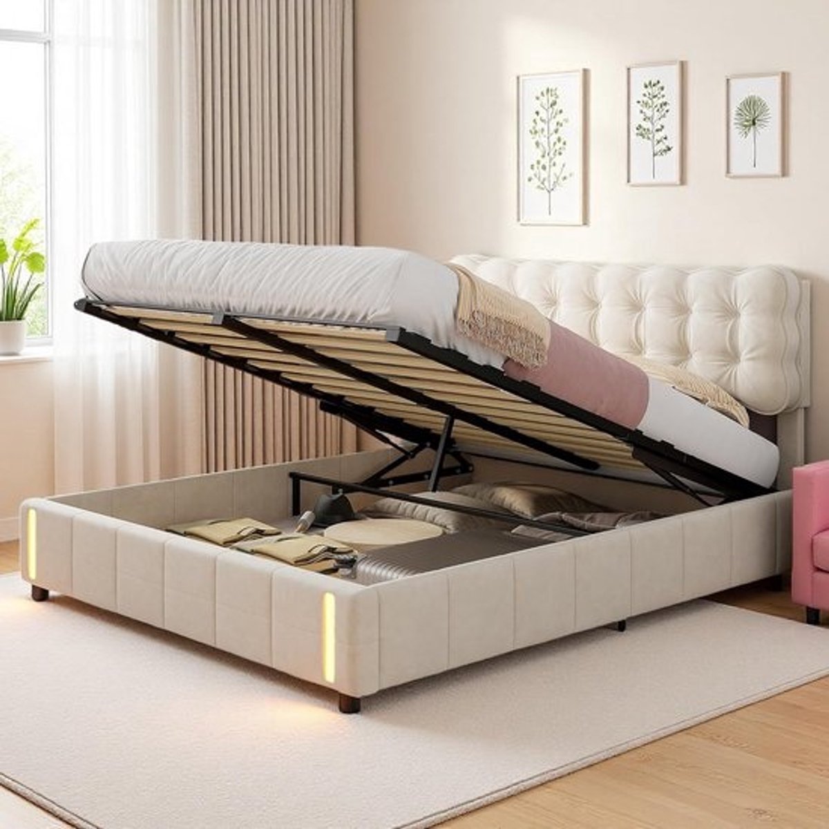 Tweepersoons Boxspring Bed met Hydraulische Opbergruimte en Sensor Nachtlampje (160x200 cm)