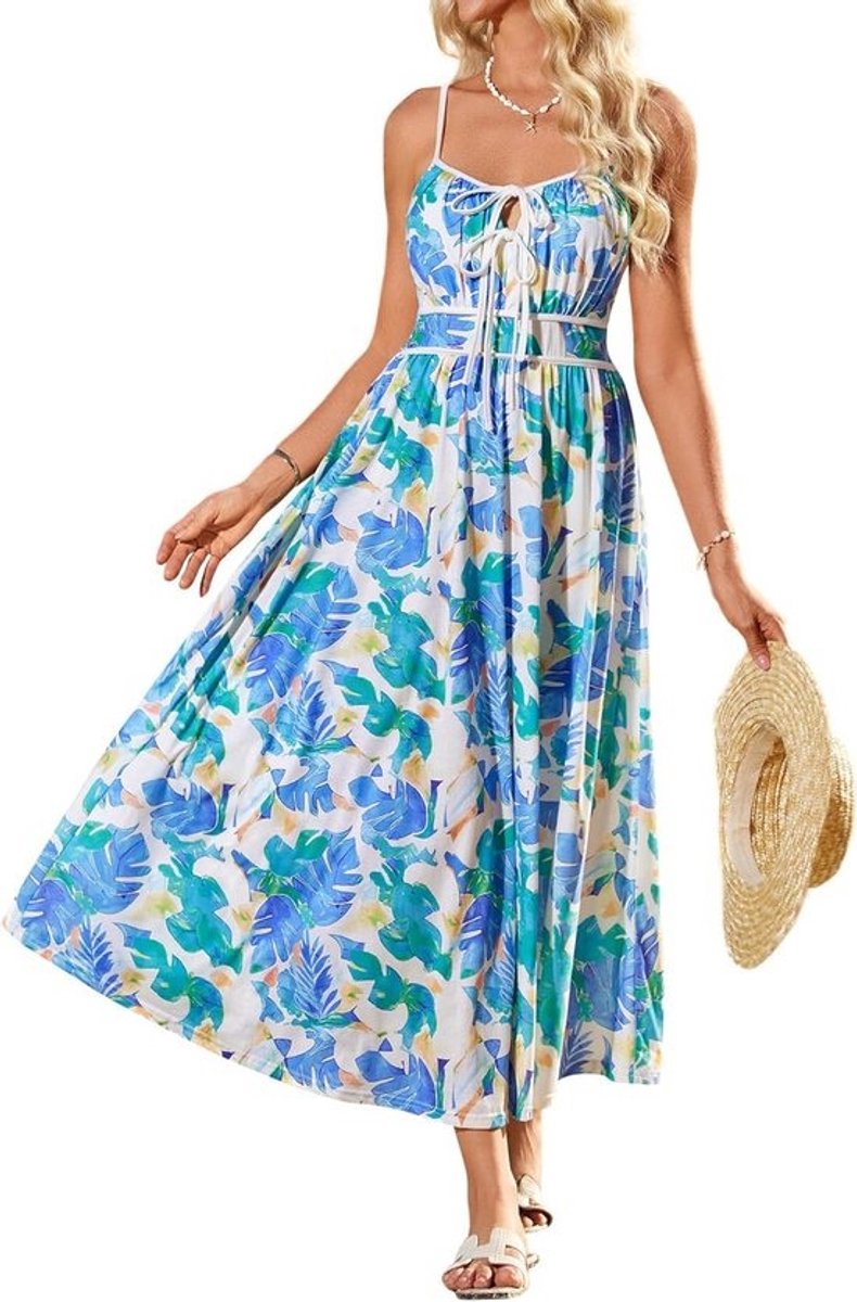 Zomerse A-lijn jurk voor dames met V-hals en bloemenprint - mouwloos, maxi lengte