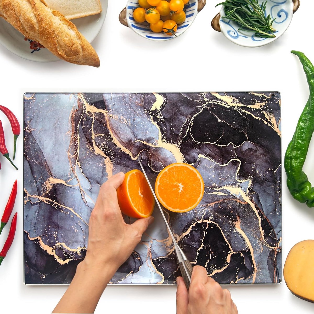 Glazen Snijplank - Grijs en Goud - 40 x 30 cm - Breukbestendig en Antislip - Voor Koken en Bereiden