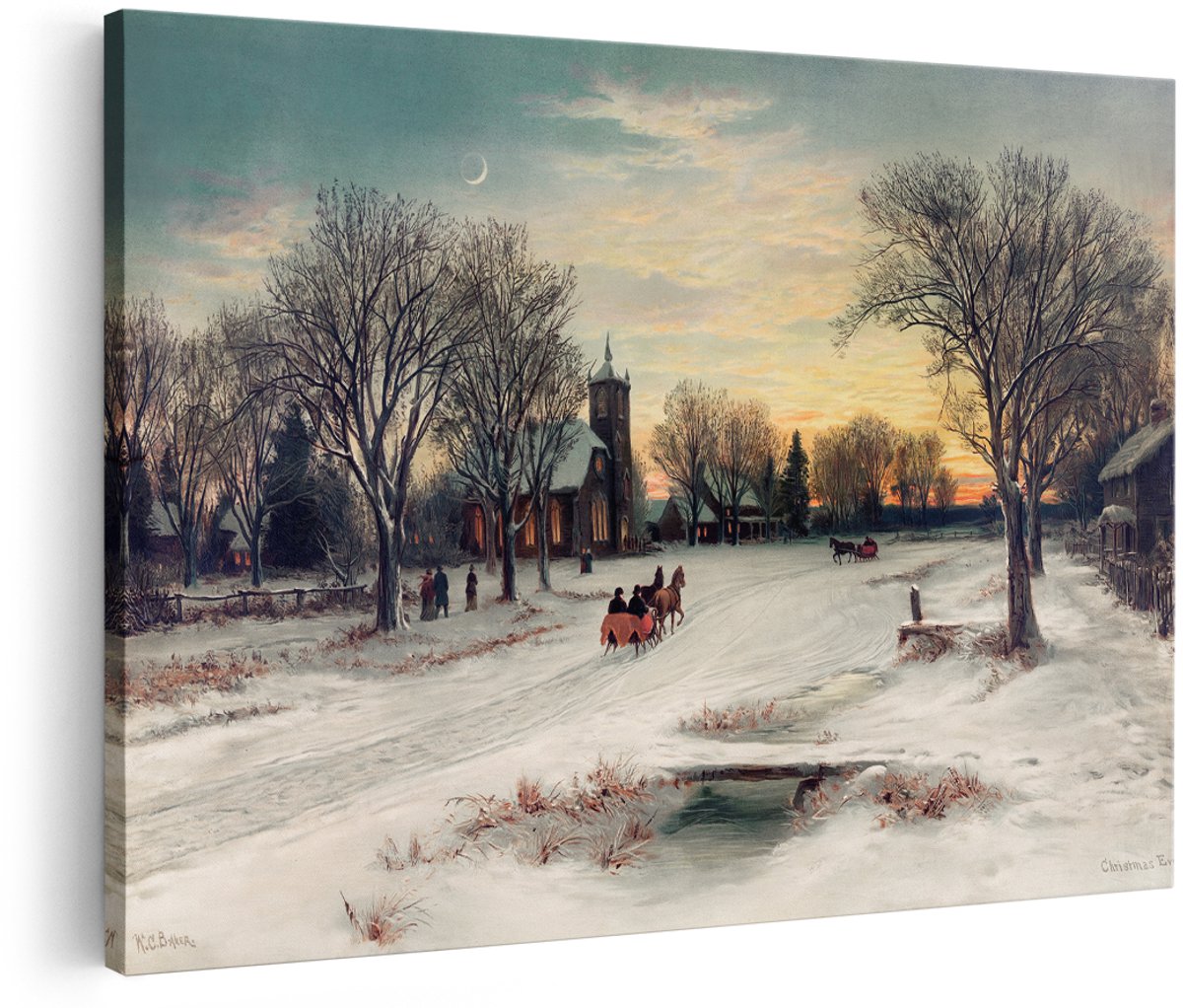 Artaza Canvas Schilderij Winterlandschap - 150x100 cm - Groot - Wanddecoratie Kerst - Muurdecoratie Paard En Slee - Decoratie Vintage Dorp