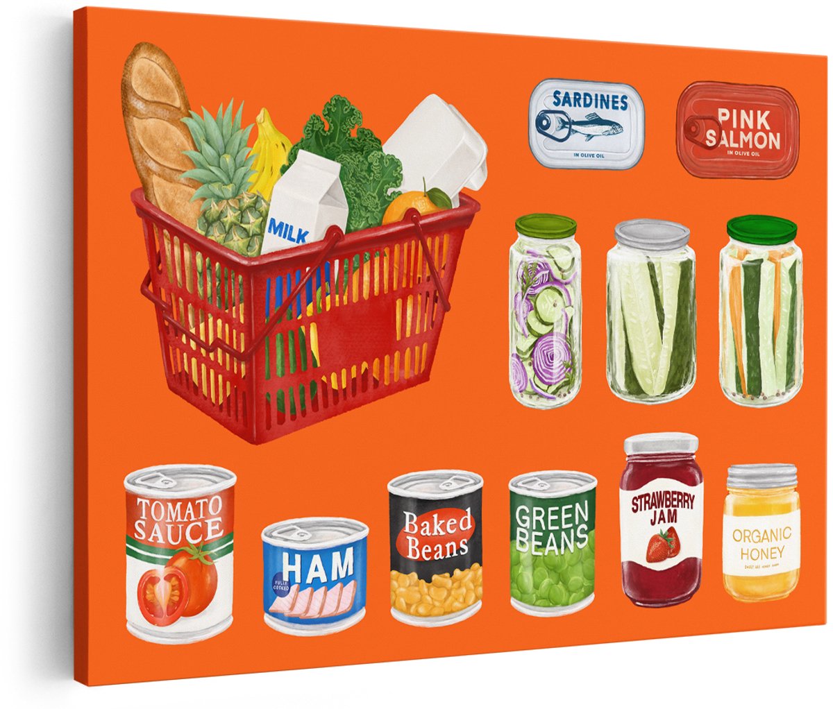 Artaza Canvas Schilderij Boodschappen - 150x100 cm - Groot - Wanddecoratie Keuken - Muurdecoratie Vintage - Decoratie Conserven Pot - Kamer Accessoires