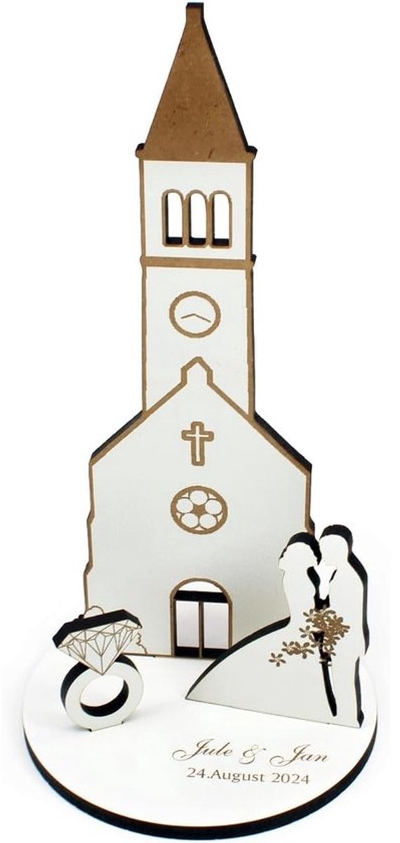Gepersonaliseerd Geldgeschenk Bruiloft: Unieke Houten Standaard met Kerk & Bruidspaar Thema