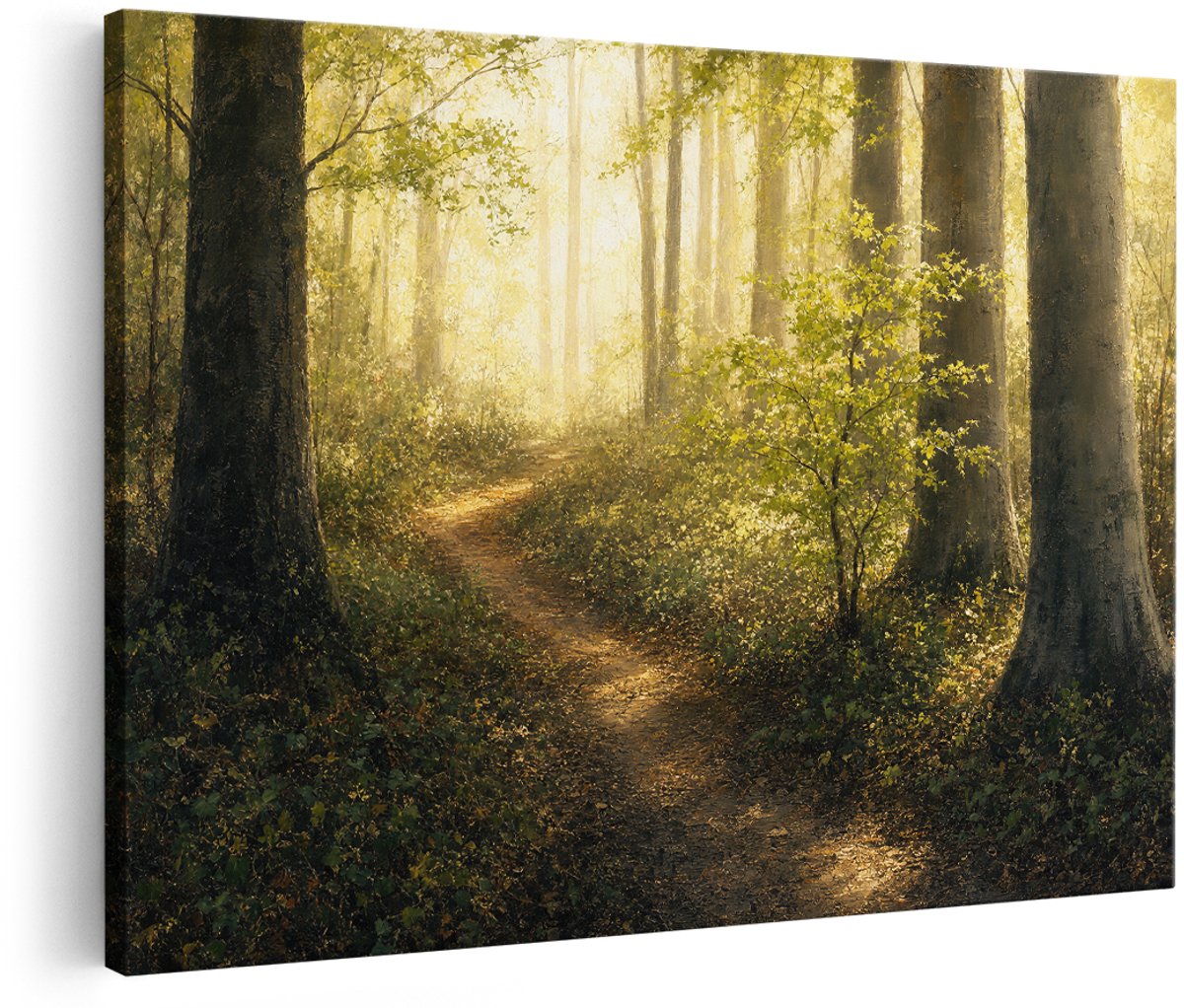 Artaza Canvas Schilderij Bos - Bospad - Zonlicht in de Natuur - 150x100 cm - Groot - Wanddecoratie Woonkamer - Schilderijen - Muurdecoratie