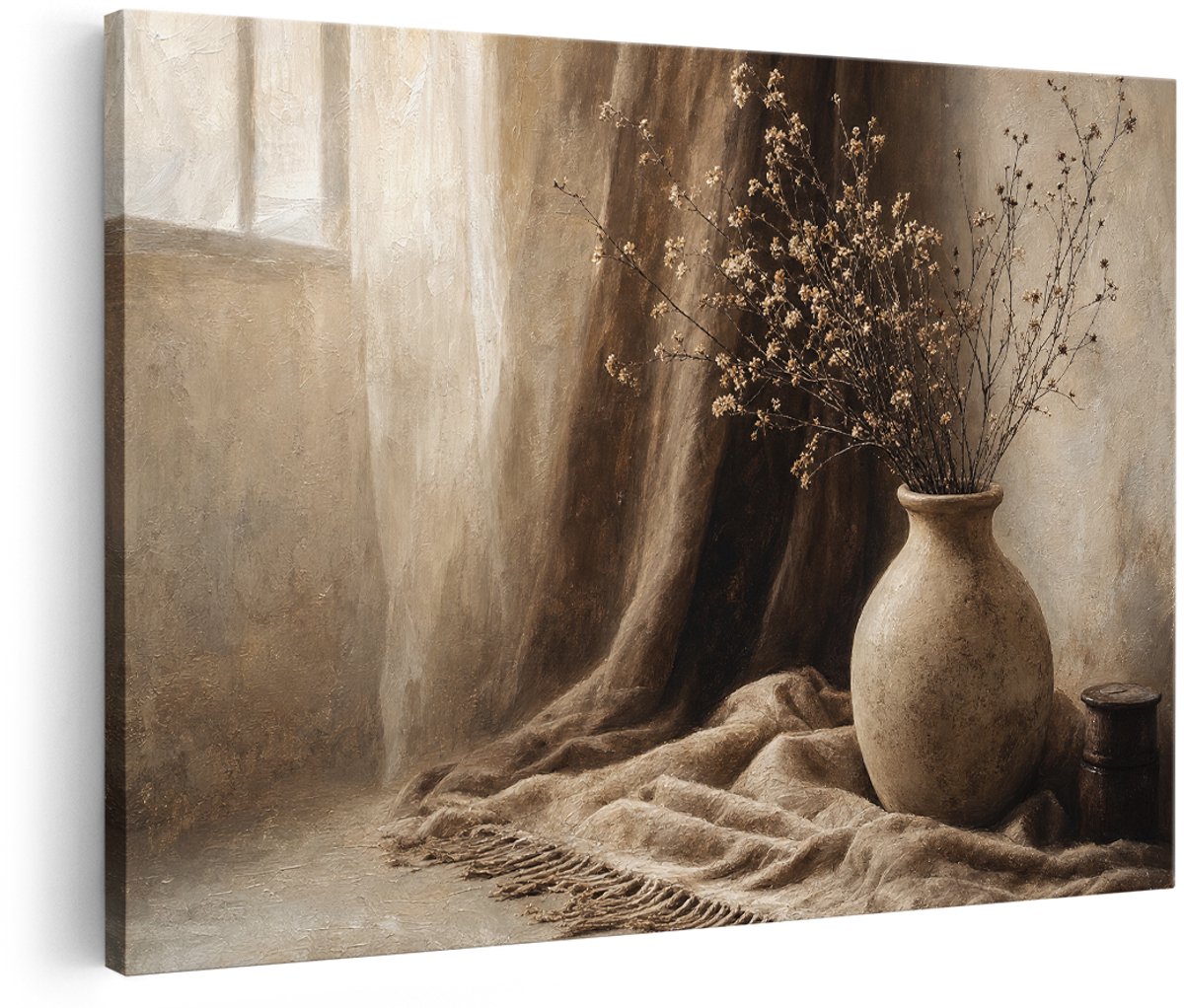 Artaza Canvas Schilderij Vaas Met Droogbloemen - Sepia Stilleven In Japandi Sfeer - 150x100 cm - Groot - Wanddecoratie Woonkamer - Schilderijen - Muurdecoratie