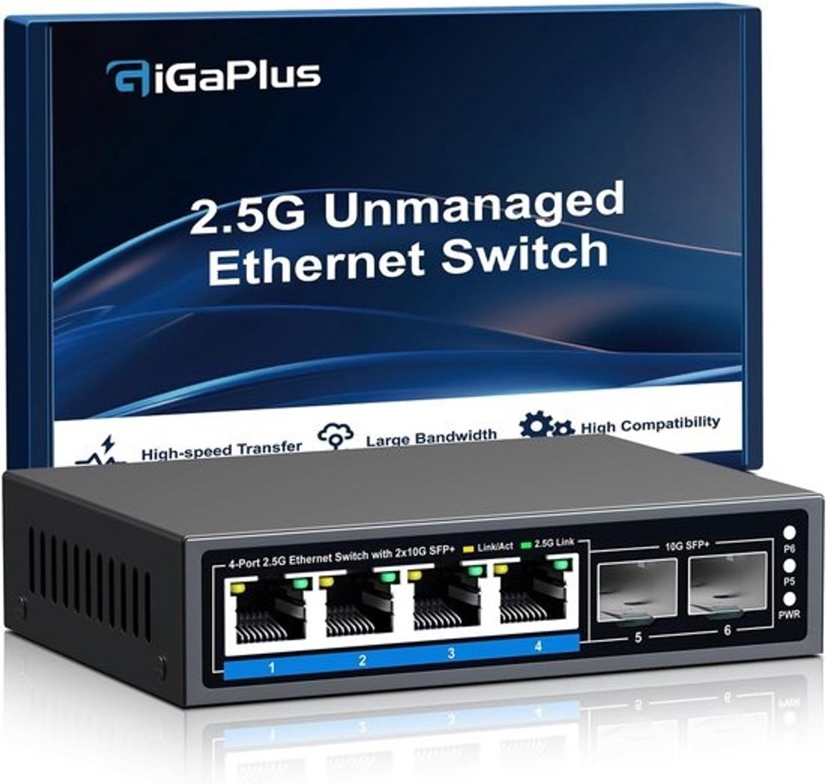 Ethernet Switch - Netwerk Switch - Snelle Dataoverdracht - 4x 2.5Gb 2x 10Gb - 6 Poorten - Zwart