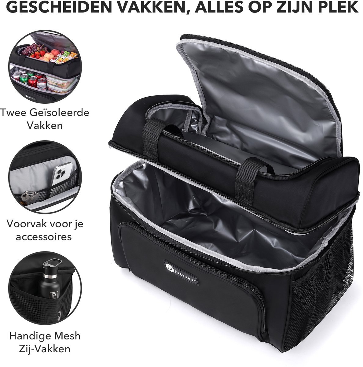 Packaway Koeltas 20L - Lunchtas - Inclusief 4 Koelelementen - Dubbel Compartiment - 4-Laags Geïsoleerd - Waterafstotend - Signature Black — cadeau in Sport & Outdoor - foto 5