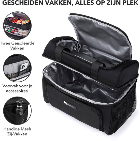 Packaway Koeltas 20L - Lunchtas - Inclusief 4 Koelelementen - Dubbel Compartiment - 4-Laags Geïsoleerd - Waterafstotend - Signature Black van Packaway — afbeelding 5