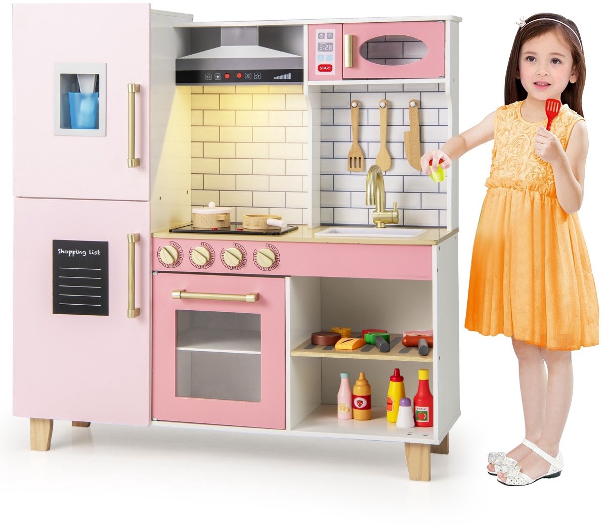 SureDeal® - Rollenspell - Kinderkeuken Houten Speelkeuken - Ijsblokjesmachine Afzuigkap Krijtbord - Licht - Geluid - 92x30x98 cm - Roze