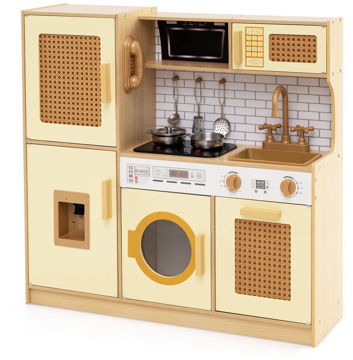 SureDeal® - Rollenspell - Kinderkeuken - Rieten Deuren - Licht - Geluid - Koelkast Speelkeuken Speelgoedkeuken - 84x25x80 cm - Naturel