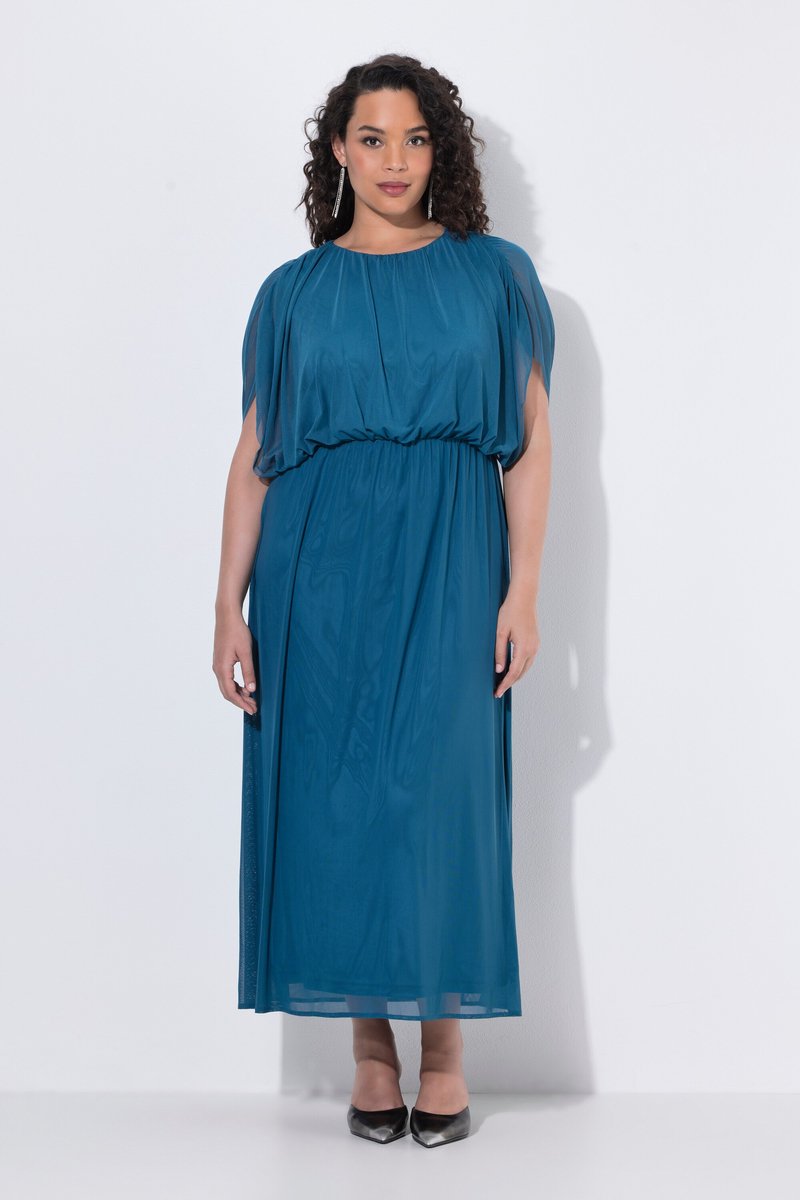 Ulla Popken - Dames - Maxi-jurk ballonmodel bovenstuk ronde hals mouwloos - Petrolblauw - Maat 42+
