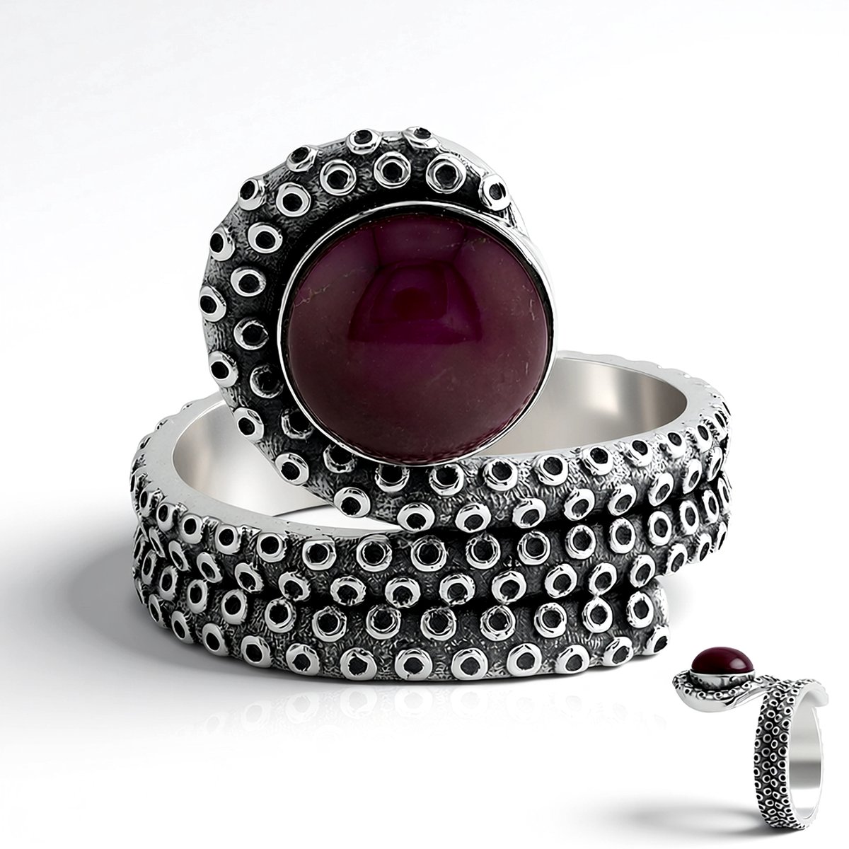 Cavill - Verstelbare Ring - 925 Sterling Zilver Geoxideerd - 1,88 ct Paarse Kingman Mohave Turkoois - Ronde Cabochon - Handgemaakt Edelsteen