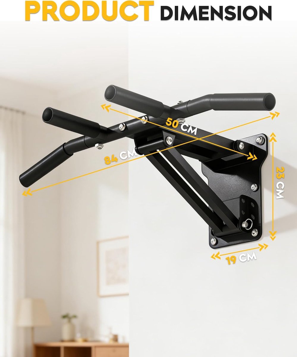 Optrekstang Muur - Pull-up Bar - Kracht Training - Robuuste Bevestiging - 84x50x23 cm - Zwart thumbnail 2