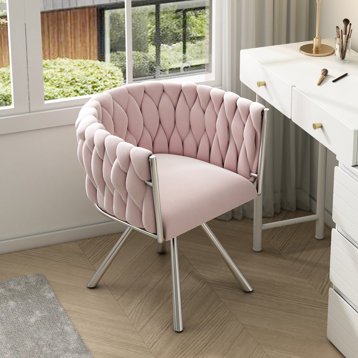 Welltin Eetkamerstoel - Fluwelen kaptafelstoel, 1 stuk, luxe draaistoel voor de slaapkamer, comfortabele draaistoel, vier metalen steunpoten - roze