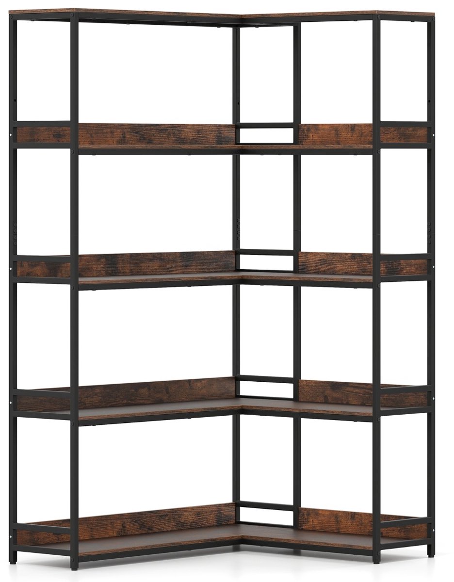 SureDeal® - Hoekboekenplank L-vormig - 5-Lagen - Metaal/Hout - 110x89x180 cm - Rustiek Bruin