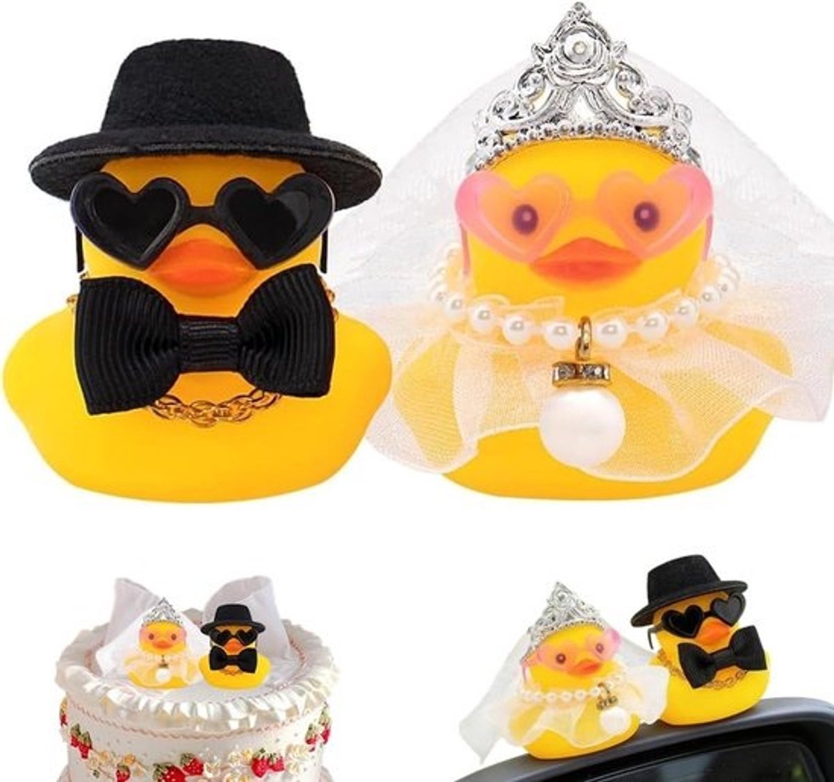 Rubberen Eendjes Bruidspaar - Badeendjes set - Bruiloft decoratie - Leuk cadeau - 5x5x2 cm - Bruid en Bruidegom
