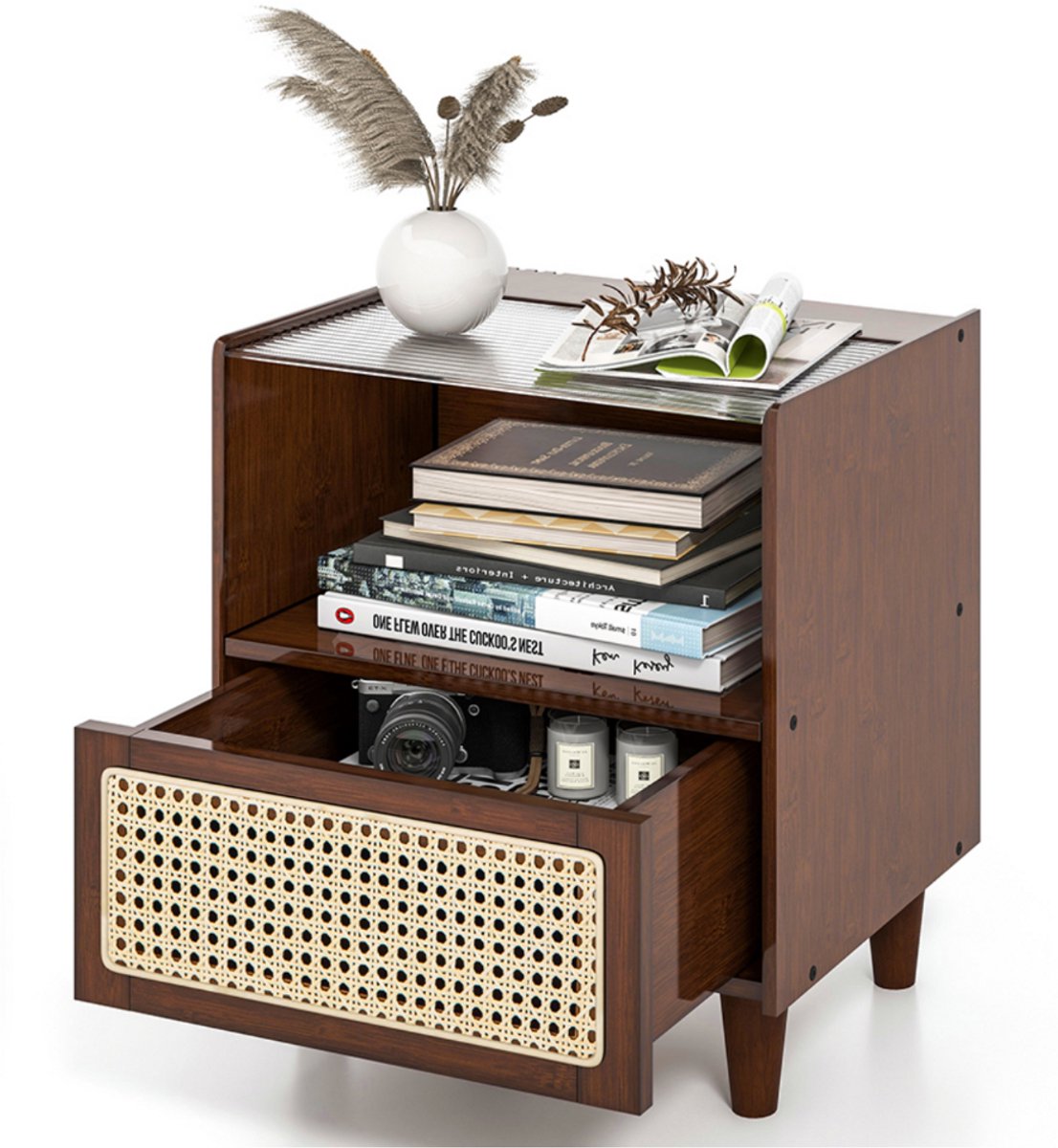 SureDeal®- Bamboe Rotan Nachtkastje - Bohemian - Massief Hout - Verborgen Stekkerdoos - 50cm - Bruin - Bijzettafel