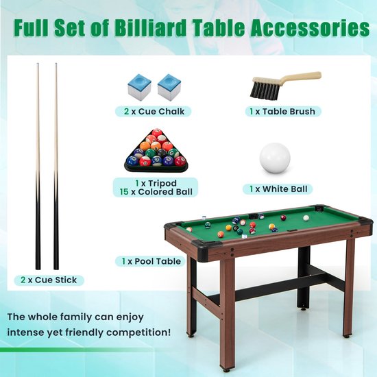 SureDeal® - Biljarttafel 122x61x76 cm - Hout - Incl. Ballen, 2 Keuen, Krijt & Borstel - Verstelbare Poten - Groen Laken - Voor Bar & Speelkamer - Compact van suredeal — afbeelding 4