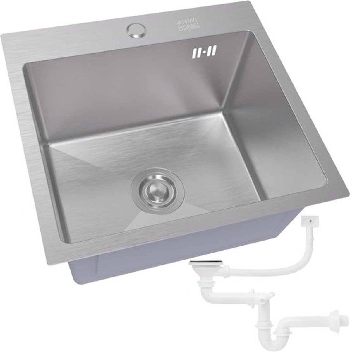 Ronde RVS Spoelbak Keuken 46x45 cm Inbouw Inox Wasbak met Sifon en Zwarte Zeepdispenser