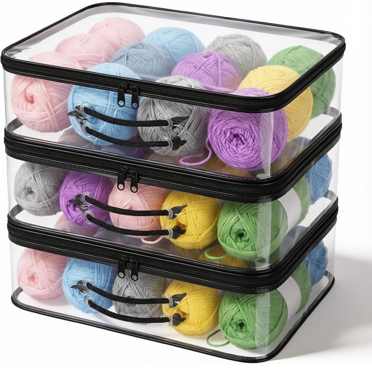 SSTRWGOOD Transparante PVC-opbergzakken geschikt voor garen - Set van 3 - Ruimtebesparend - Stofbestendig - Met ritssluiting en handvat - Geschikt voor garen, haaknaalden en breiaccessoires - 40 x 30 x 10 cm