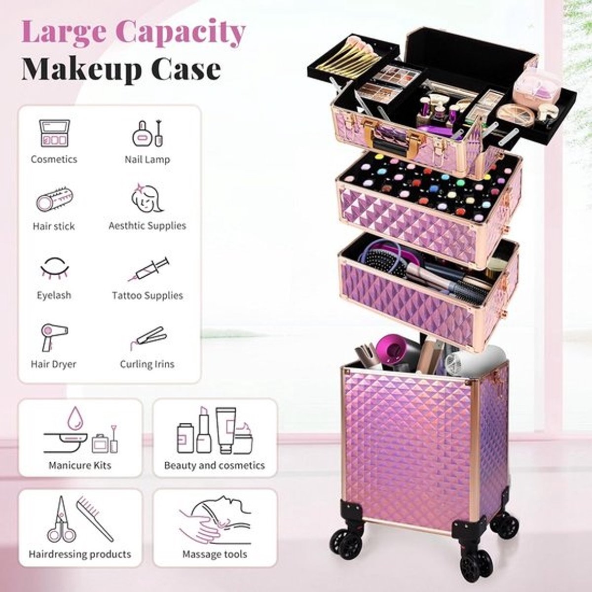 Professionele Make-up Trolley Koffer 4-in-1 met Draaibare Wielen en Grote Opslag