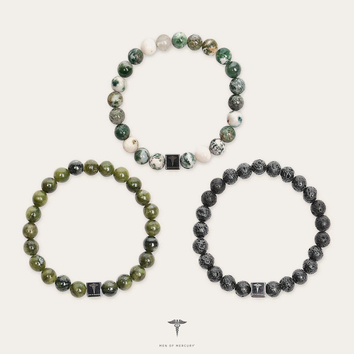 MEN OF MERCURY® Natuursteen Armbanden Heren - Set van 3 - Tree Grain Agate, Southern Green Jade & Lava Steen - Handgemaakt - Elastisch - Spirituele Betekenis - Cadeauverpakking - 17 cm