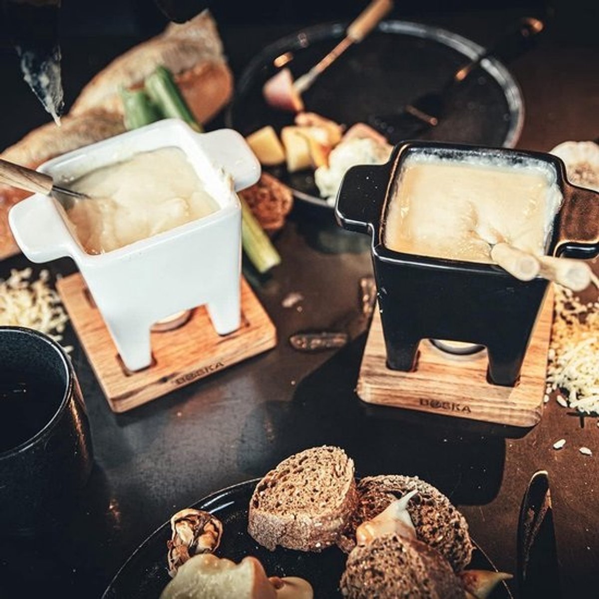 Compact Kaasfondue Set Wit - Keramische Pan op Houten Basis voor 2 Personen — cadeau in Kookcadeaus - foto 3