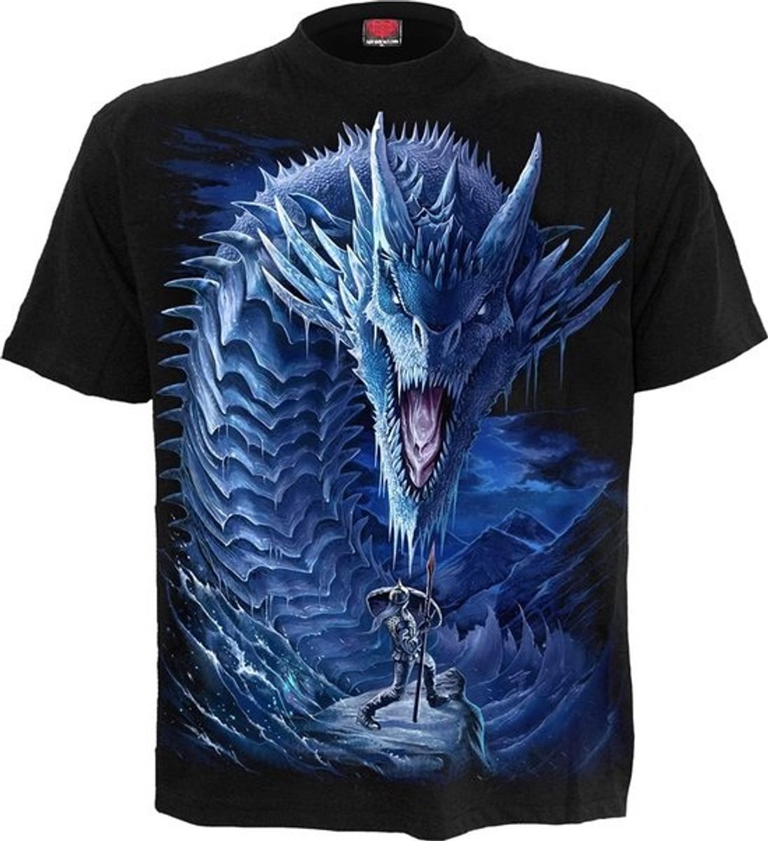 Zwart T-Shirt met Grote IJsdraak Print - 100% Katoen