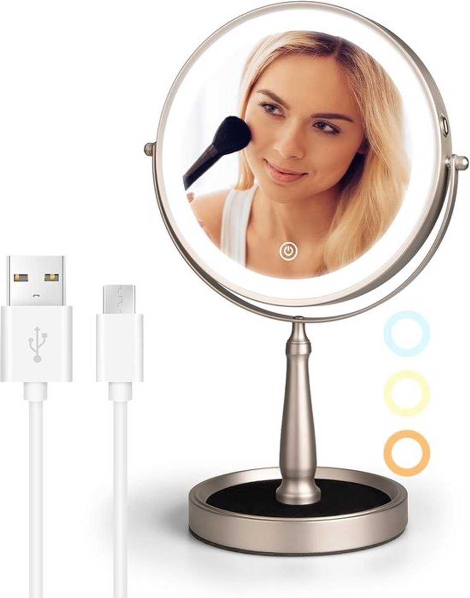 Vergrootspiegel Make-up met LED Verlichting, Oplaadbaar & 3 Kleuren - 1x/10x