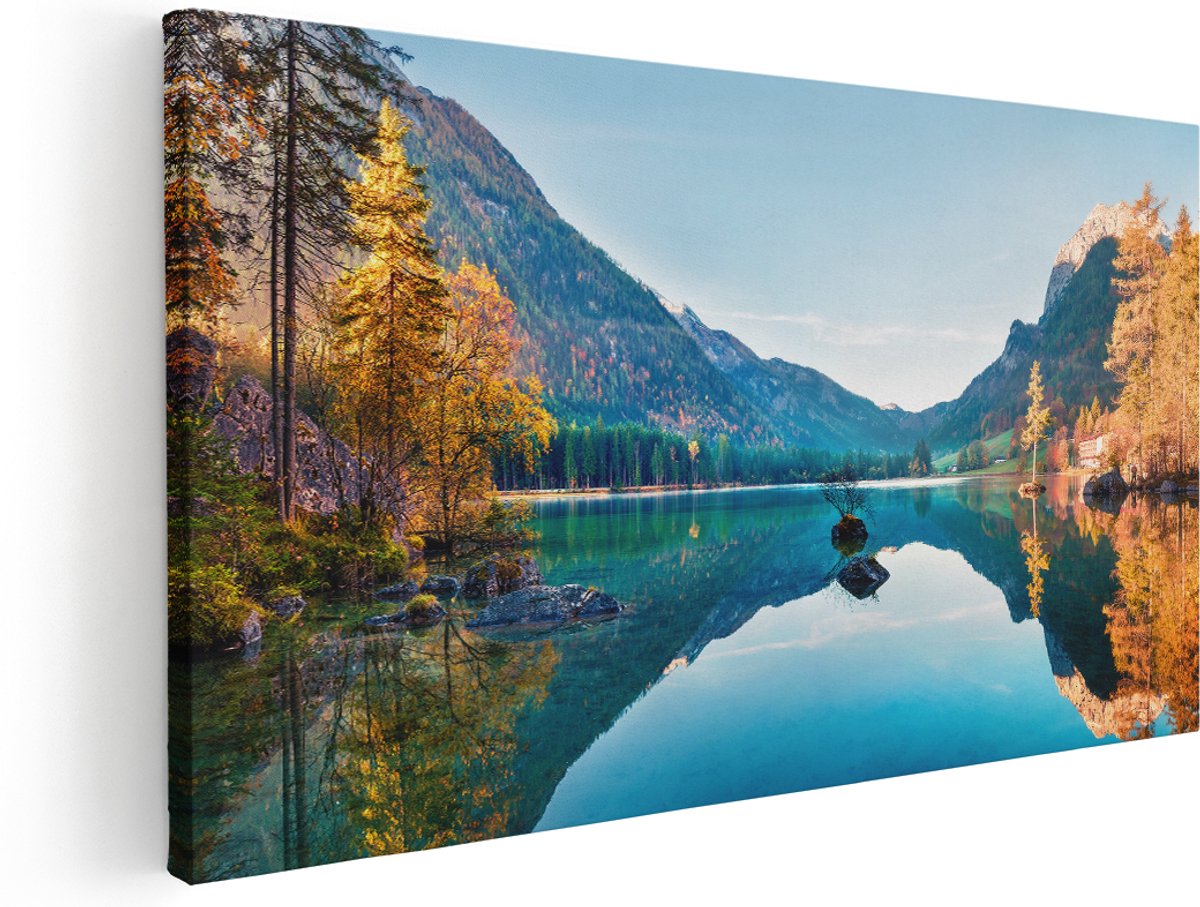 Artaza Canvas Schilderij Meer Met Herfstbomen - 160x80 cm - Groot - Wanddecoratie Woonkamer - Schilderijen - Muurdecoratie