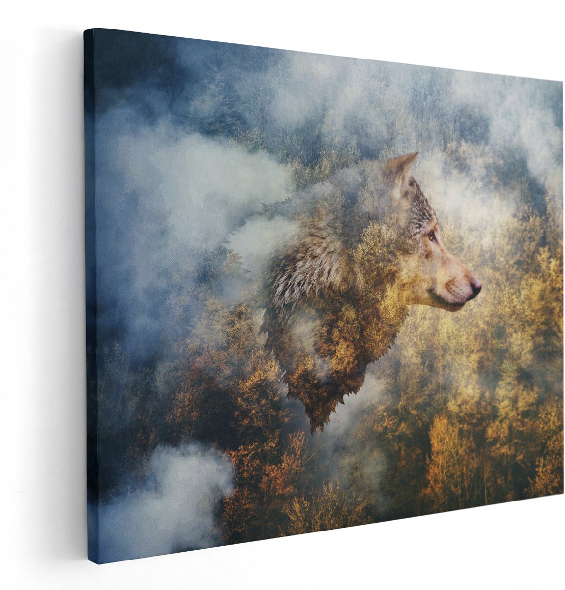 Artaza Canvas Schilderij Wolvenkop Op Een Herfstbos - Wolf - Abstract - 150x120 cm - Groot - Wanddecoratie Woonkamer - Schilderijen - Muurdecoratie