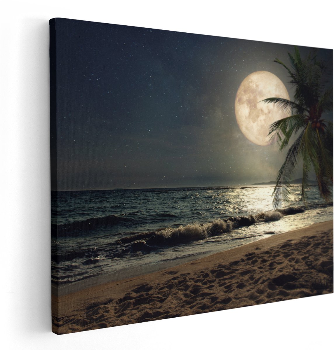 Artaza Canvas Schilderij Tropisch Strand In De Nacht Met Volle Maan - 150x120 cm - Groot - Wanddecoratie Woonkamer - Schilderijen - Muurdecoratie