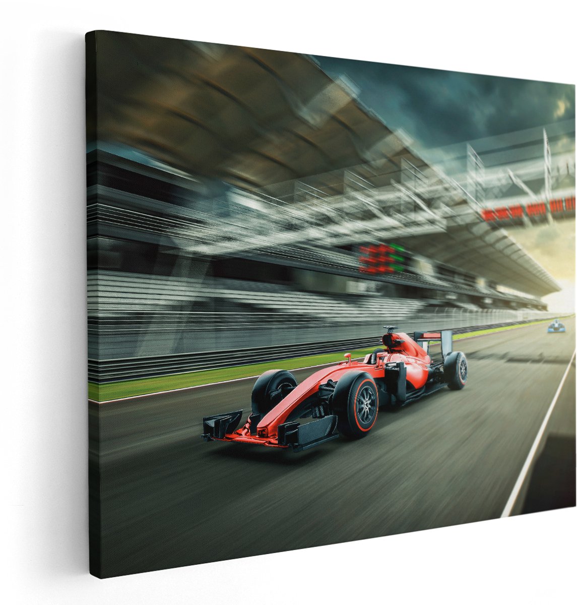 Artaza Canvas Schilderij Formule 1 Auto bij de Finish in het Rood - 150x120 cm - Groot - Wanddecoratie Woonkamer - Schilderijen - Muurdecoratie