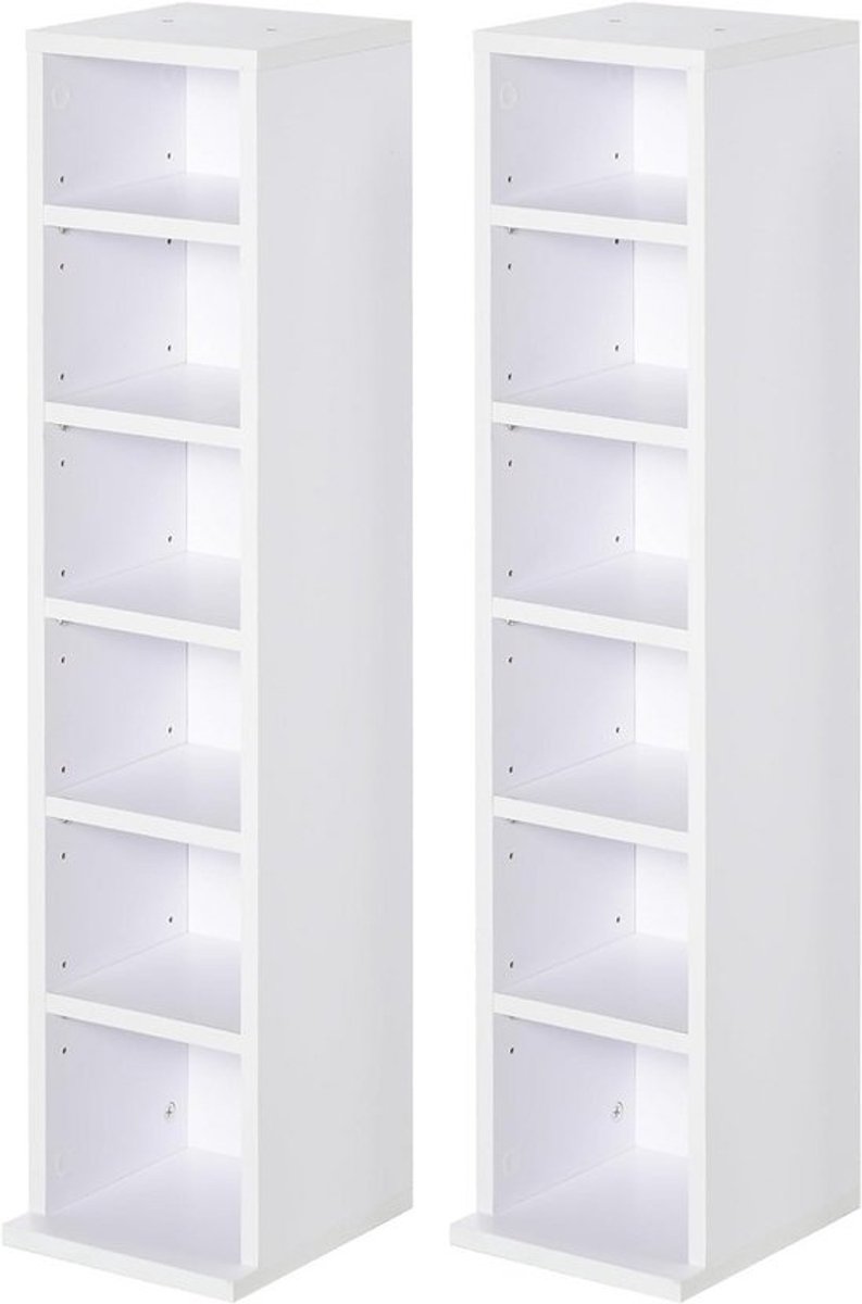 Set van 2 CD- en mediakasten met verstelbare planken - 6 compartimenten per kast - 102 cd's - 15 kg laadvermogen - Muurbeveiliging - Wit