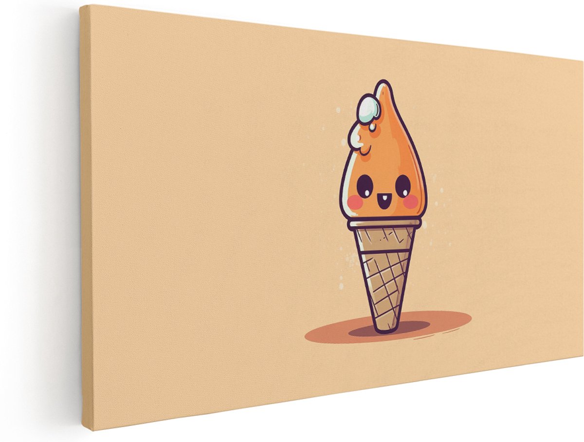 Artaza Canvas Schilderij Ijshoorntje - 160x80 cm - Groot - Wanddecoratie Babykamer - Muurdecoratie Vrolijk Gezichtje - Schilderijen Op Canvas Oranje