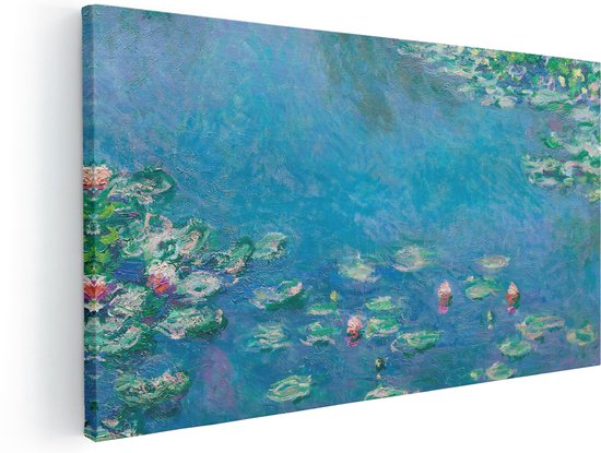 Détail d'une peinture impressionniste de nénuphars sur un étang bleu, représentée sur toile.