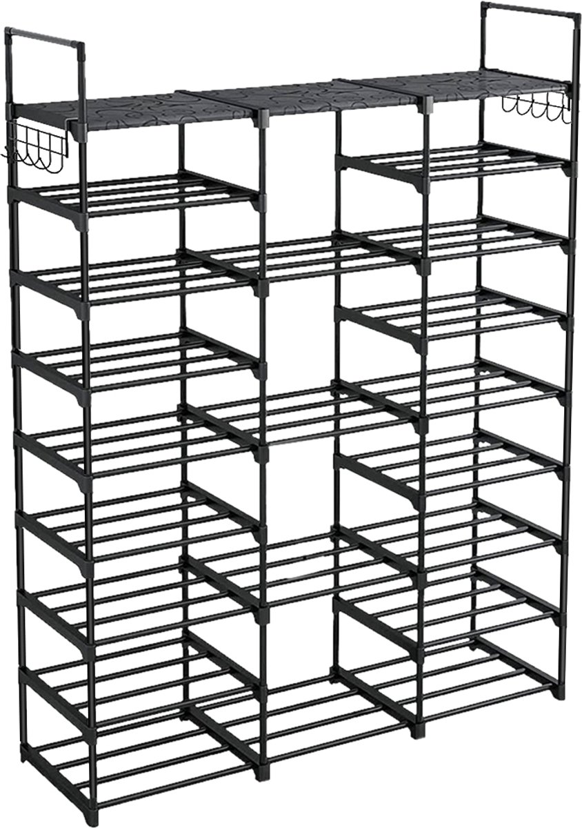 PIPIPOXER Schoenenrek 9 Lagen - Met haak - schoenenkast - Industrieel Schoenenkast – Metaal - 127 × 30.5 × 158.5 cm - Opbergrek - Woonkamer, slaapkamer & hal- Zwart