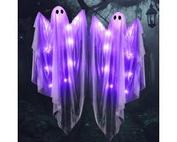 2 Stuks 120cm Halloween Vliegende Spook met Paarse LED-Licht - Grote Hangende Spookdecoratie voor Spookhuis, Voortuin, Terras & Feest - Geschikt voor Binnen & Buiten - Griezelig & Sfeervol - Batterijgevoed - Waterdicht - Eenvoudig op te Hangen - Wit