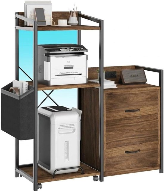 Bureaukast met twee lades, een metalen frame en houten planken, met een printer en papierversnipperaar.