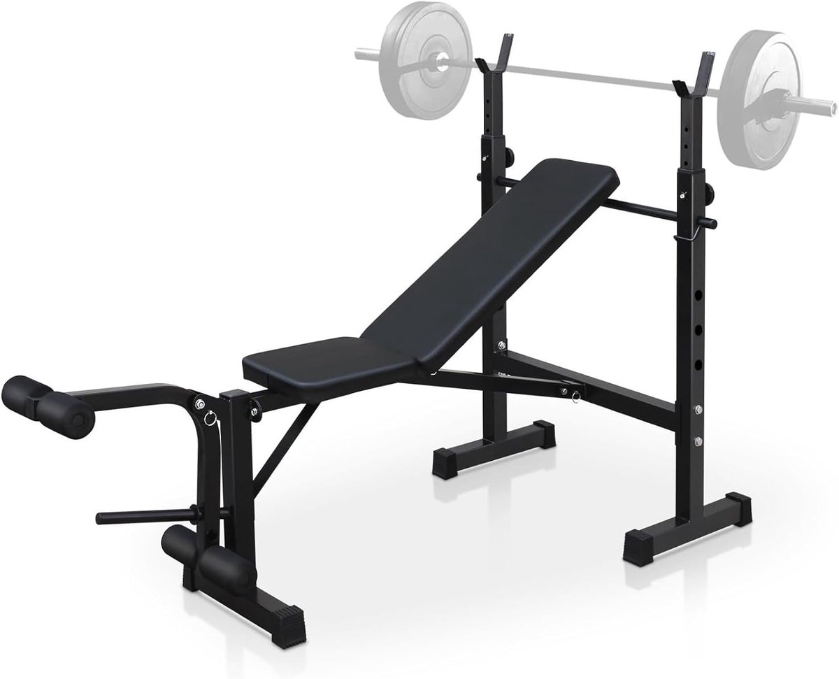 Verstelbare Gewichtbank met Halterrek en Leg Developer, Multifunctionele Opvouwbare Krachttrainingsbank voor Thuis, Home Gym Fitnessbank met Incline Rugleuning en Foam Rollers, Zwart
