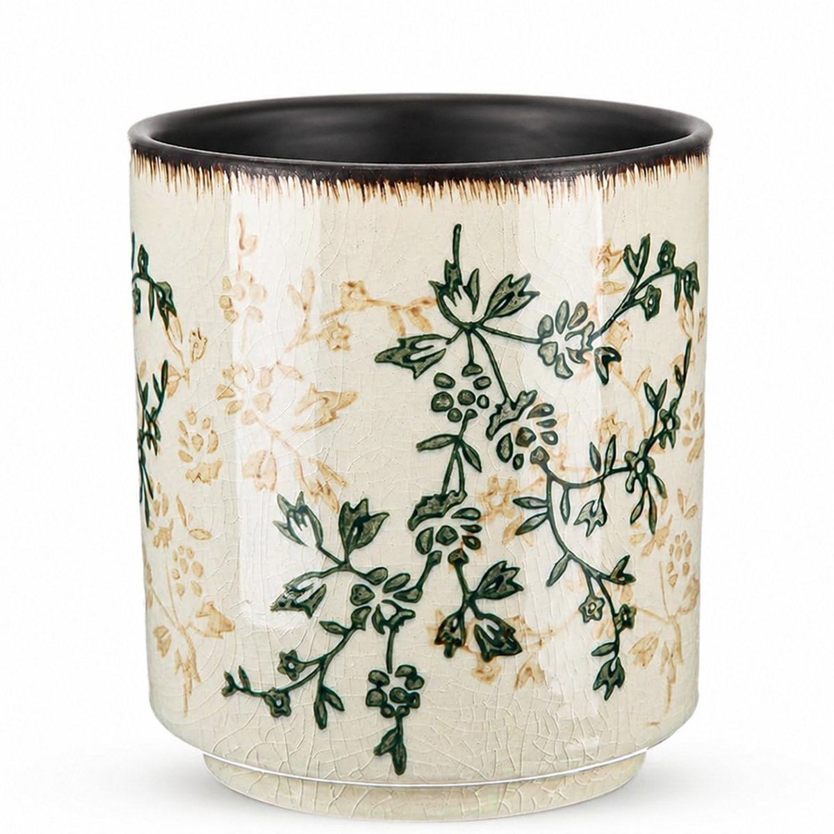 Keukengerei Houder - Bestekhouder - Keramische Keuken Organizer - Houder voor Spatels en Pollepels - Rustiek Vintage Bloemenpatroon - Bruin/Groen - 12 x 12 x 14 cm