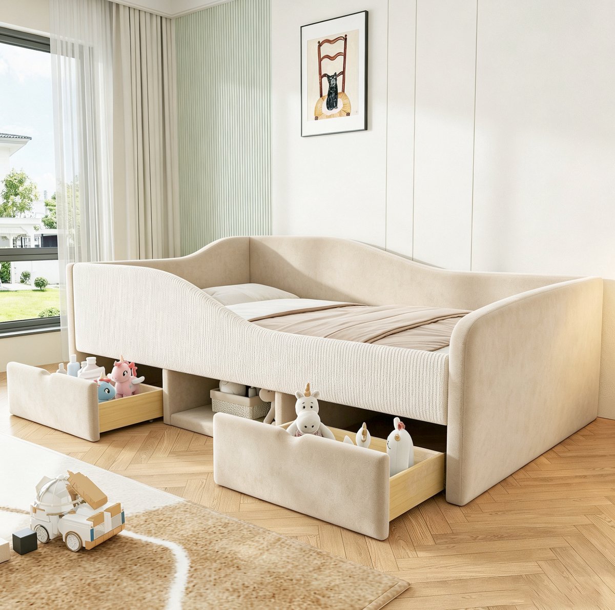 MIVRAY Kinderbed 90 x 190 cm - Met Uitvalbeveiliging En 2 Lades - Voor Kinderkamer - Stoffen Bekleding Met MDF En Metaal - Beige