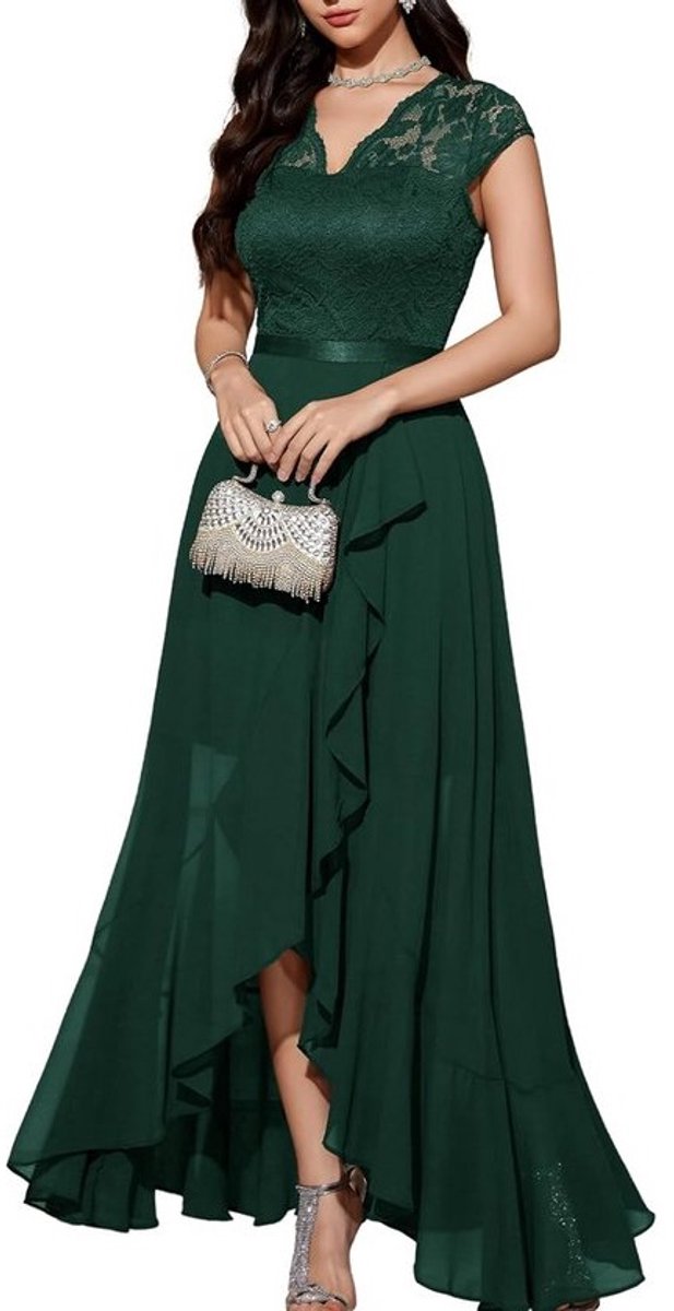 Elegante Hi-Lo Avondjurk met Kant en Chiffon voor Bruiloft en Feest
