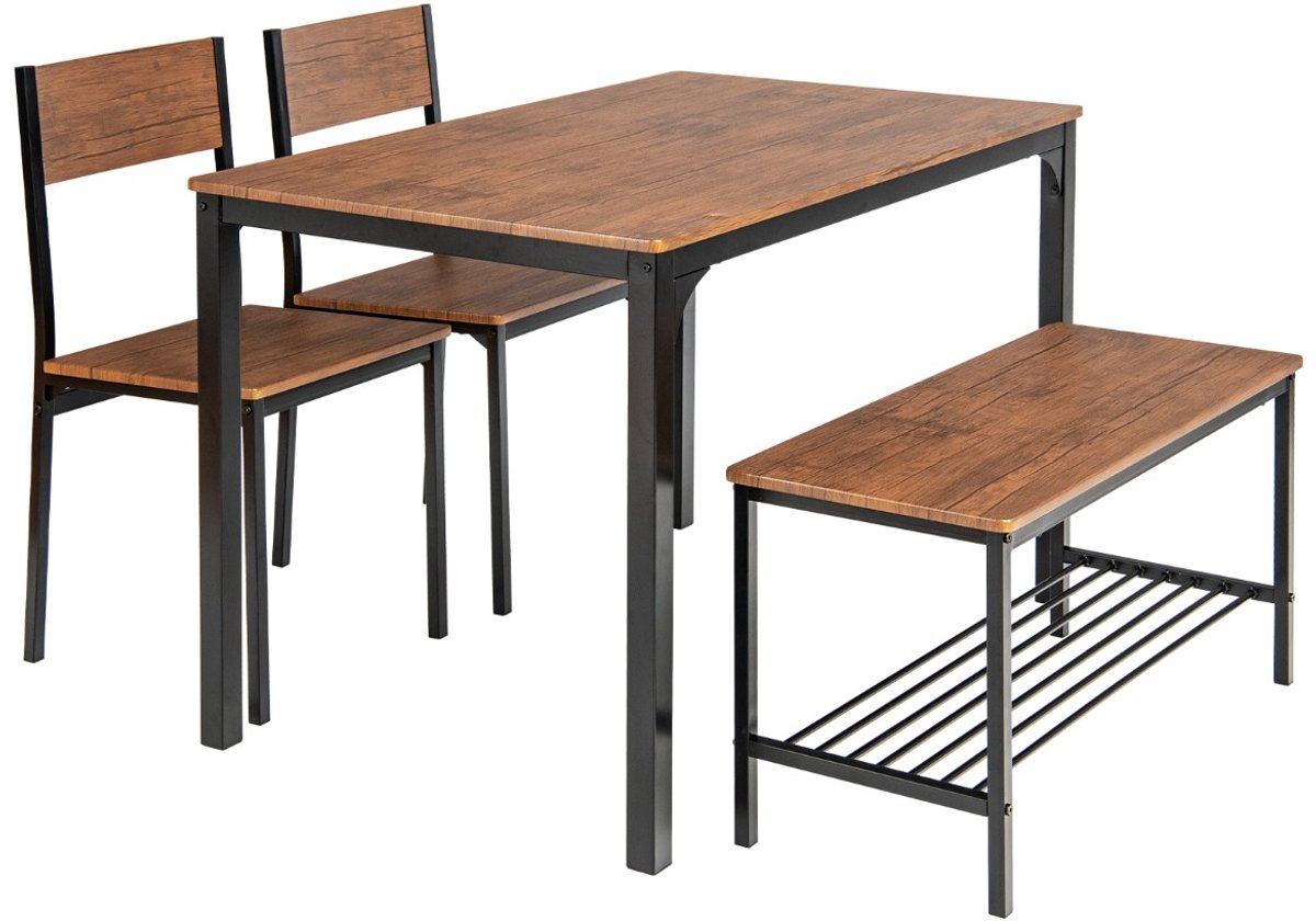 SureDeal® - Eettafel - Delige Keukentafel - Stoelenset Industriële Tafelset - Stoelen - Bank Metalen - Opbergrek Bruin - 110x70x76 cm - Bruin